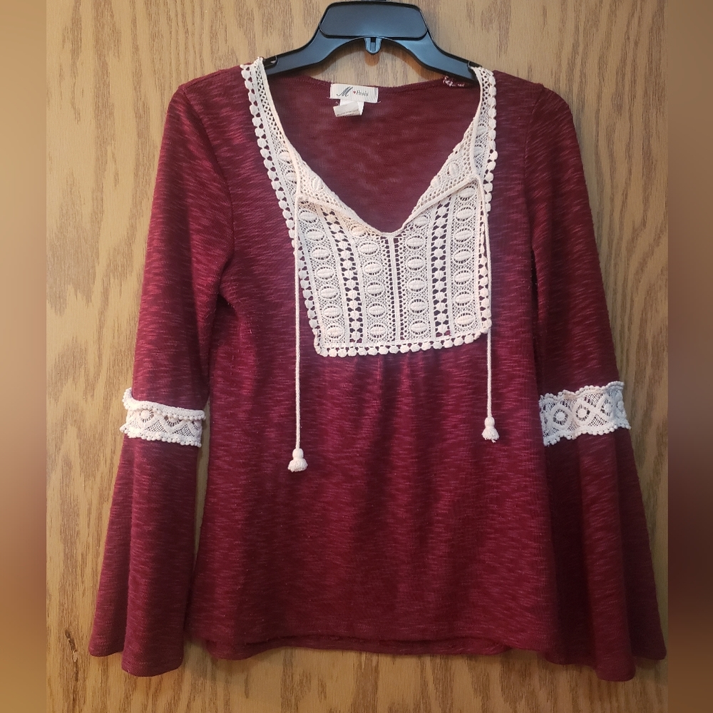 Pretty, see through, burgundy boho blouse. Great shape. Size small